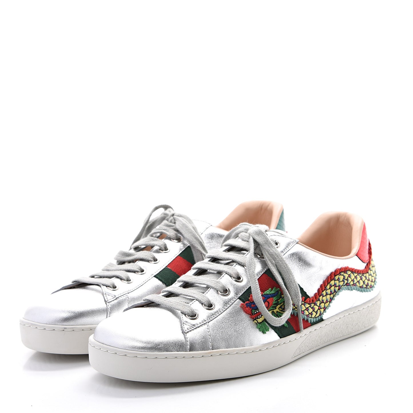 Metallic Nappa Ayers Web Dragon Embroidered Mens New Ace Sneakers 8.5 Silver