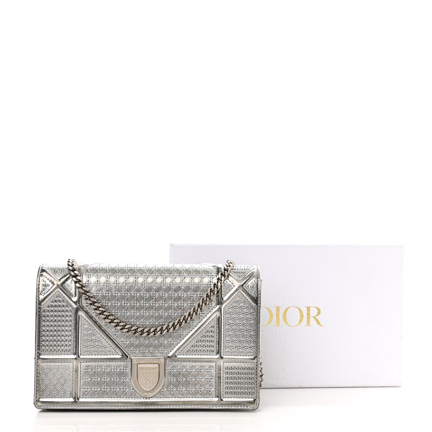 Metallic Patent Micro-Cannage Diorama Wallet on Chain Pouch Silver