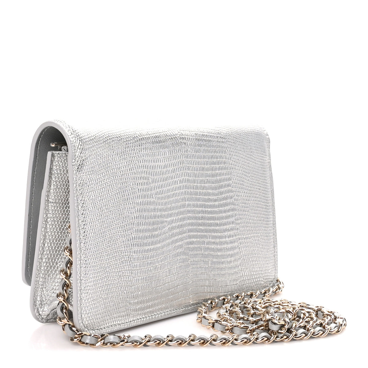 Chanel Calfskin Lizard Embossed Wallet on Chain WOC Silver 3 of 11