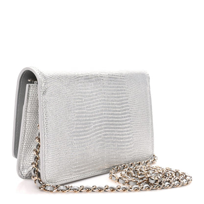 Chanel Calfskin Lizard Embossed Wallet on Chain WOC Silver 3 of 11