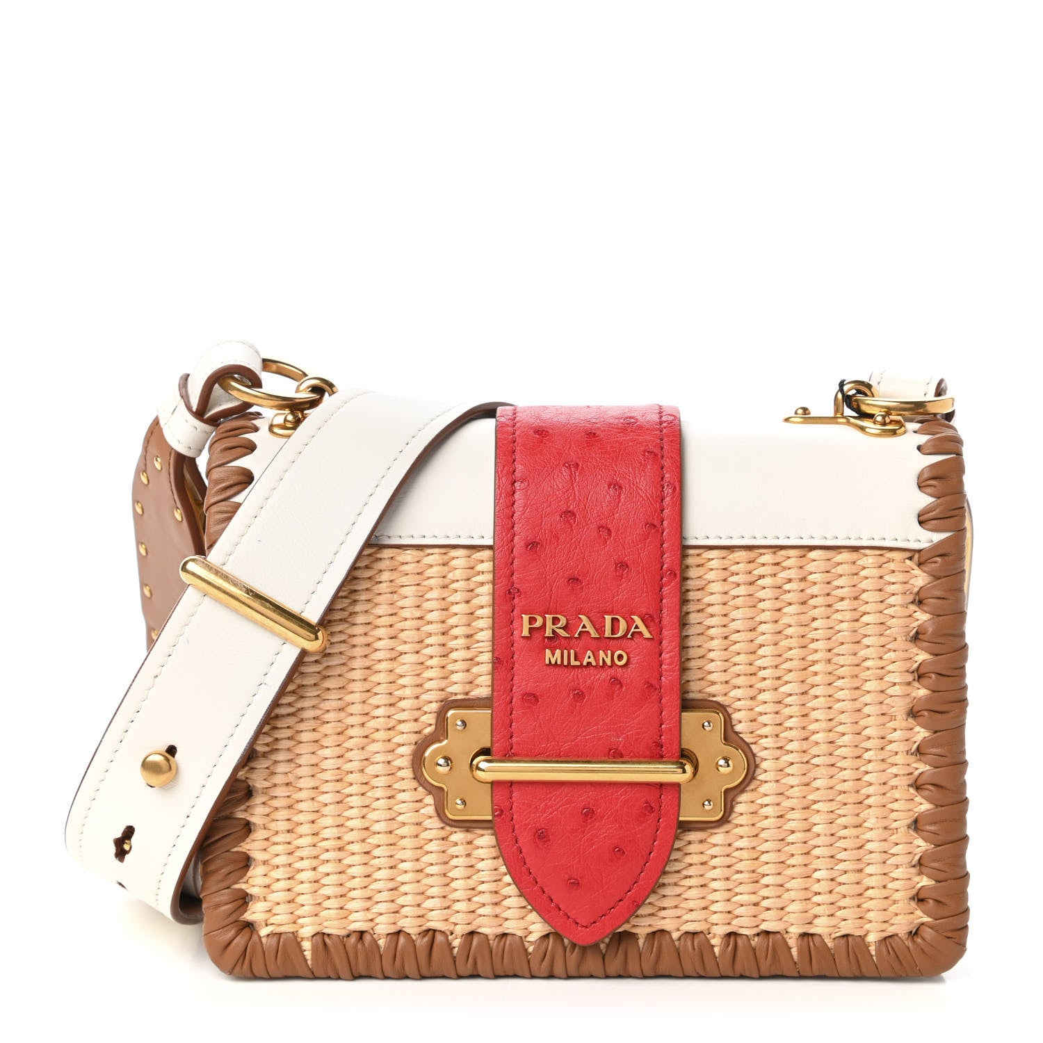 Prada City Calf Raffia Ostrich Cahier Bag Natural Roso 1 of 11