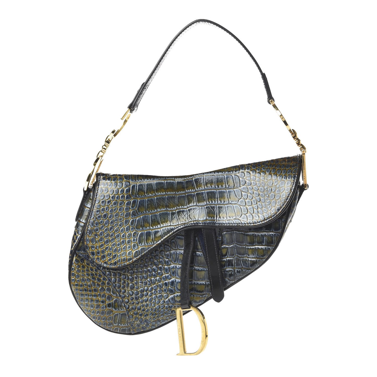 Patent Crocodile Embossed Calfskin Saddle Bag Blue