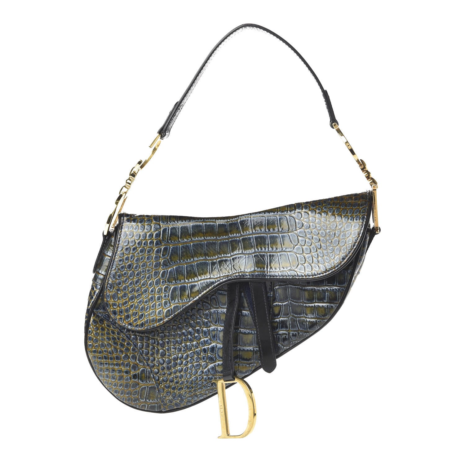 Christian Dior Patent Crocodile Embossed Calfskin Saddle Bag Blue 1 of 11