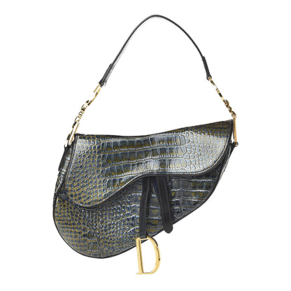 Christian Dior Patent Crocodile Embossed Calfskin Saddle Bag Blue 1 of 11