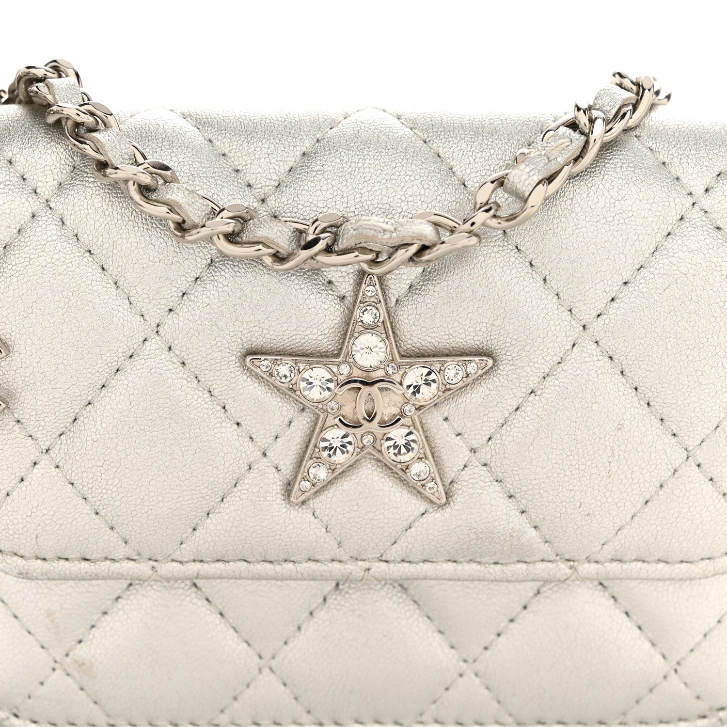 Chanel Metallic Lambskin Crystal Quilted Star Chain Belt Bag Silver 10 of 12