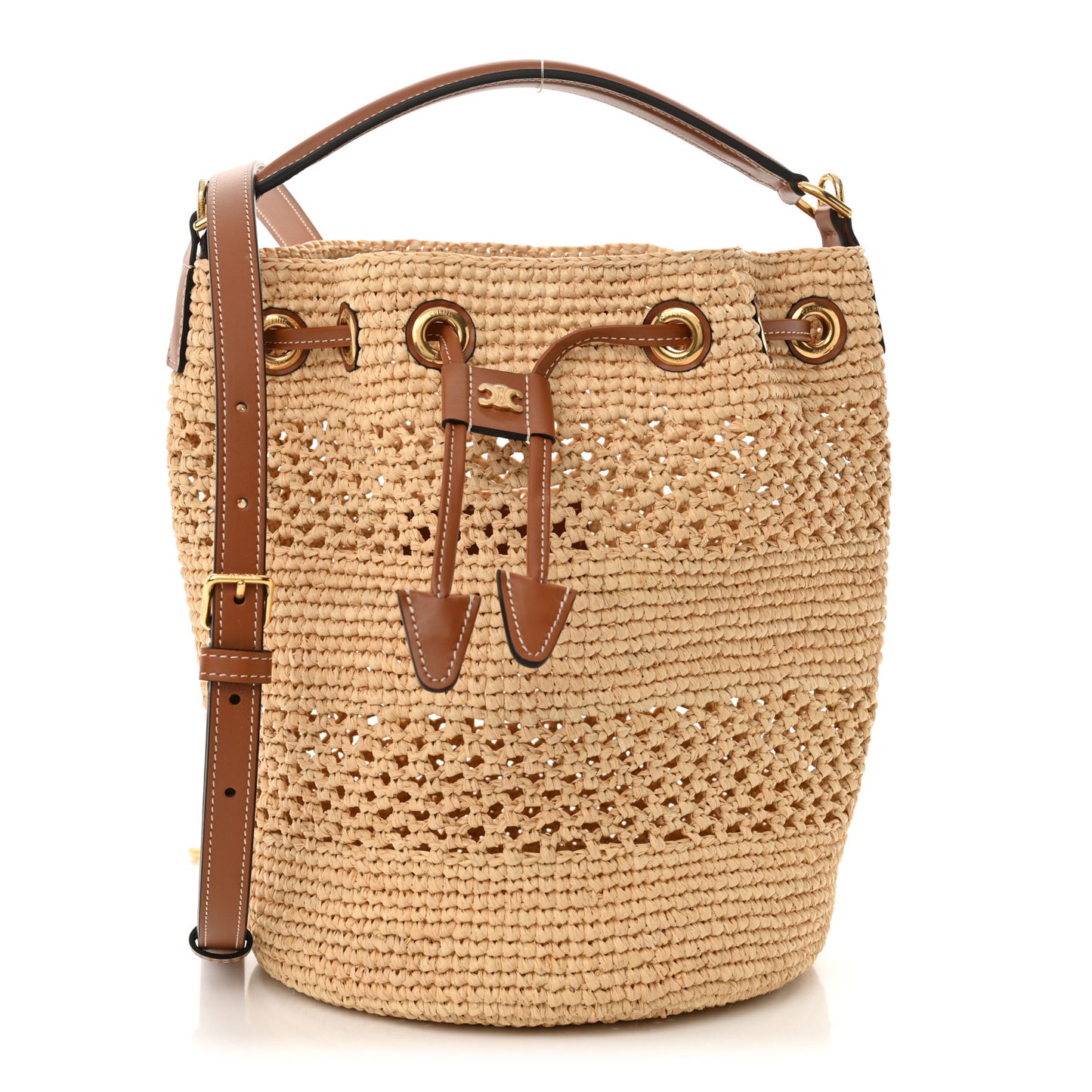 Raffia Woven Clara Drawstring Bucket Bag Natural Tan