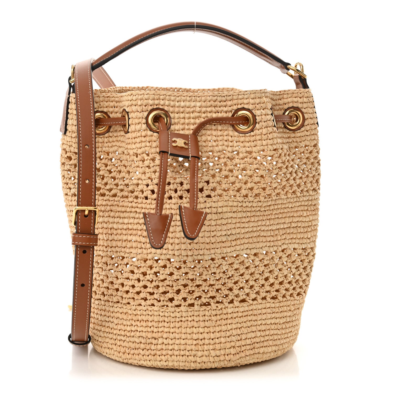 Celine Raffia Woven Clara Drawstring Bucket Bag Natural Tan 1 of 9