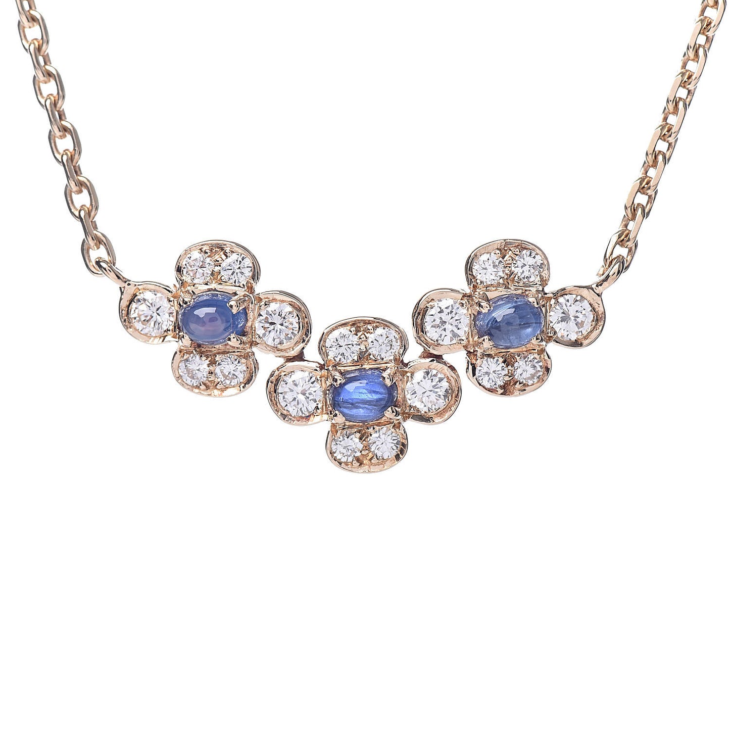 18K Yellow Gold Diamond Blue Sapphire Trefle Flower Pendant Necklace