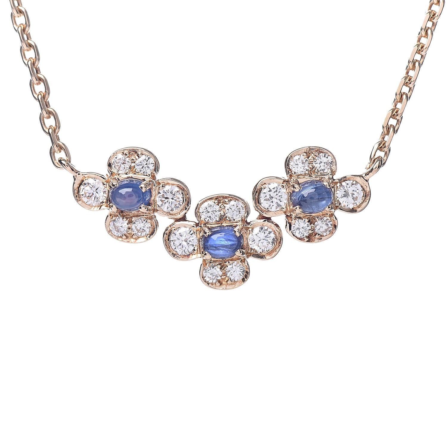 Van Cleef & Arpels 18K Yellow Gold Diamond Blue Sapphire Trefle Flower Pendant Necklace 2 of 8
