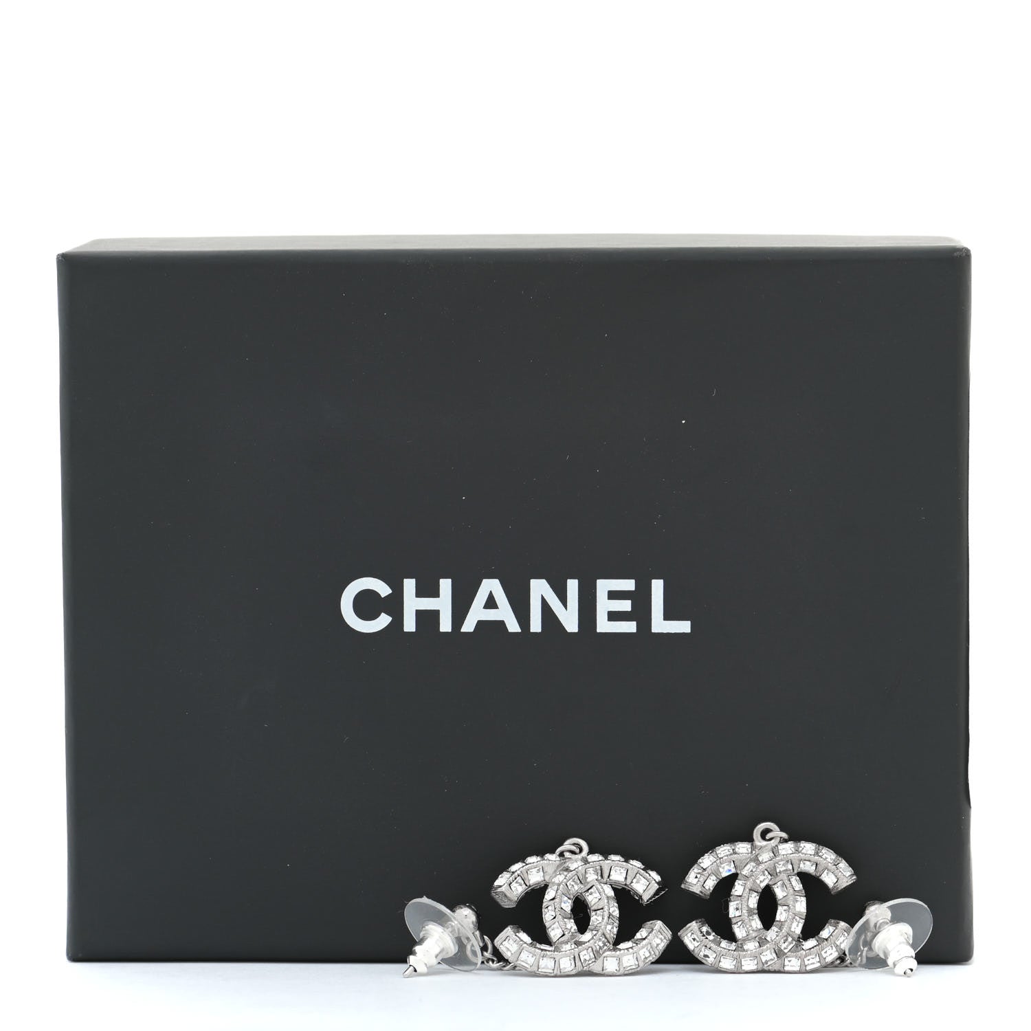 Chanel Baguette Crystal CC Drop Earrings Silver 5 of 5