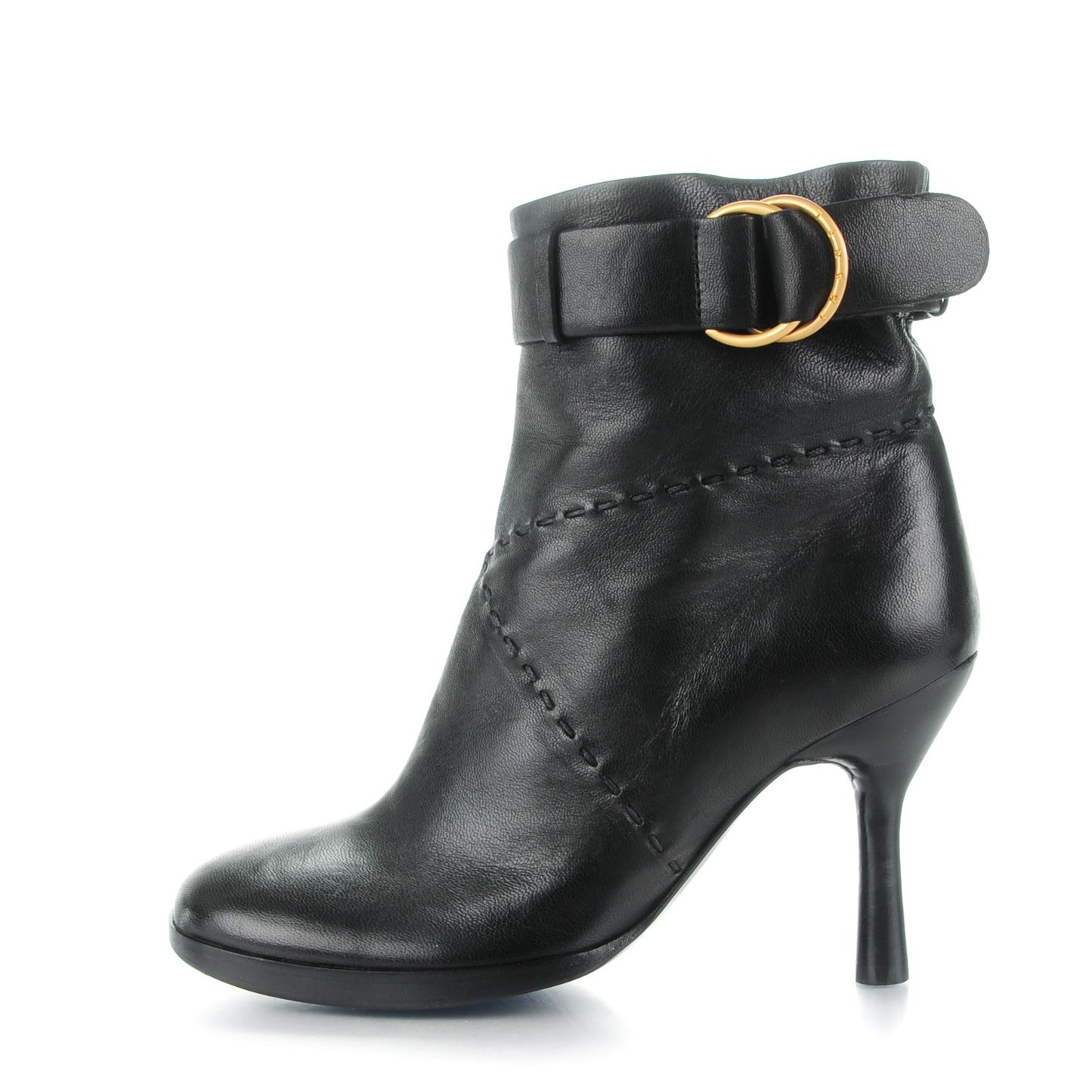 Lambskin Belted Stitched Ankle Boots 36 Black