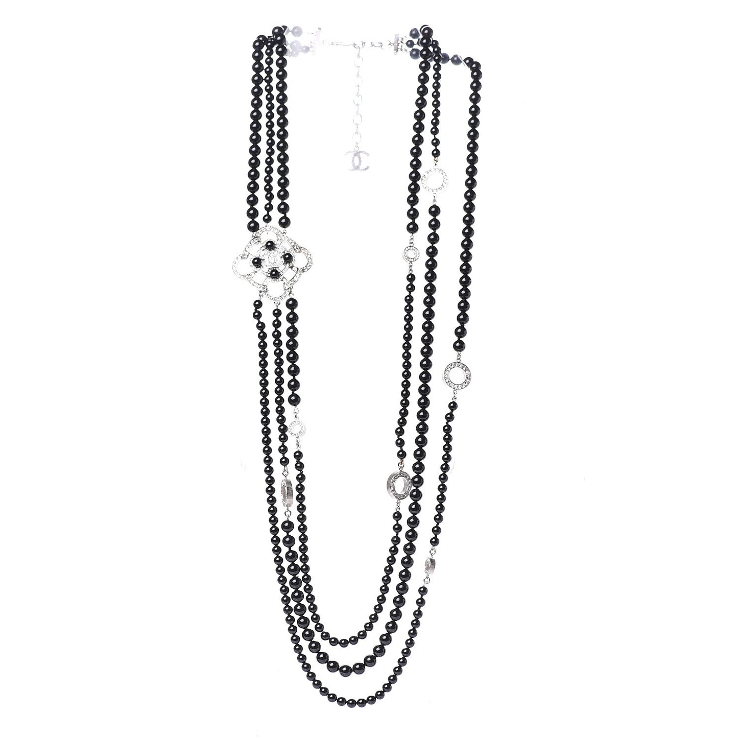 Beaded Crystal CC Triple Strand Necklace Black