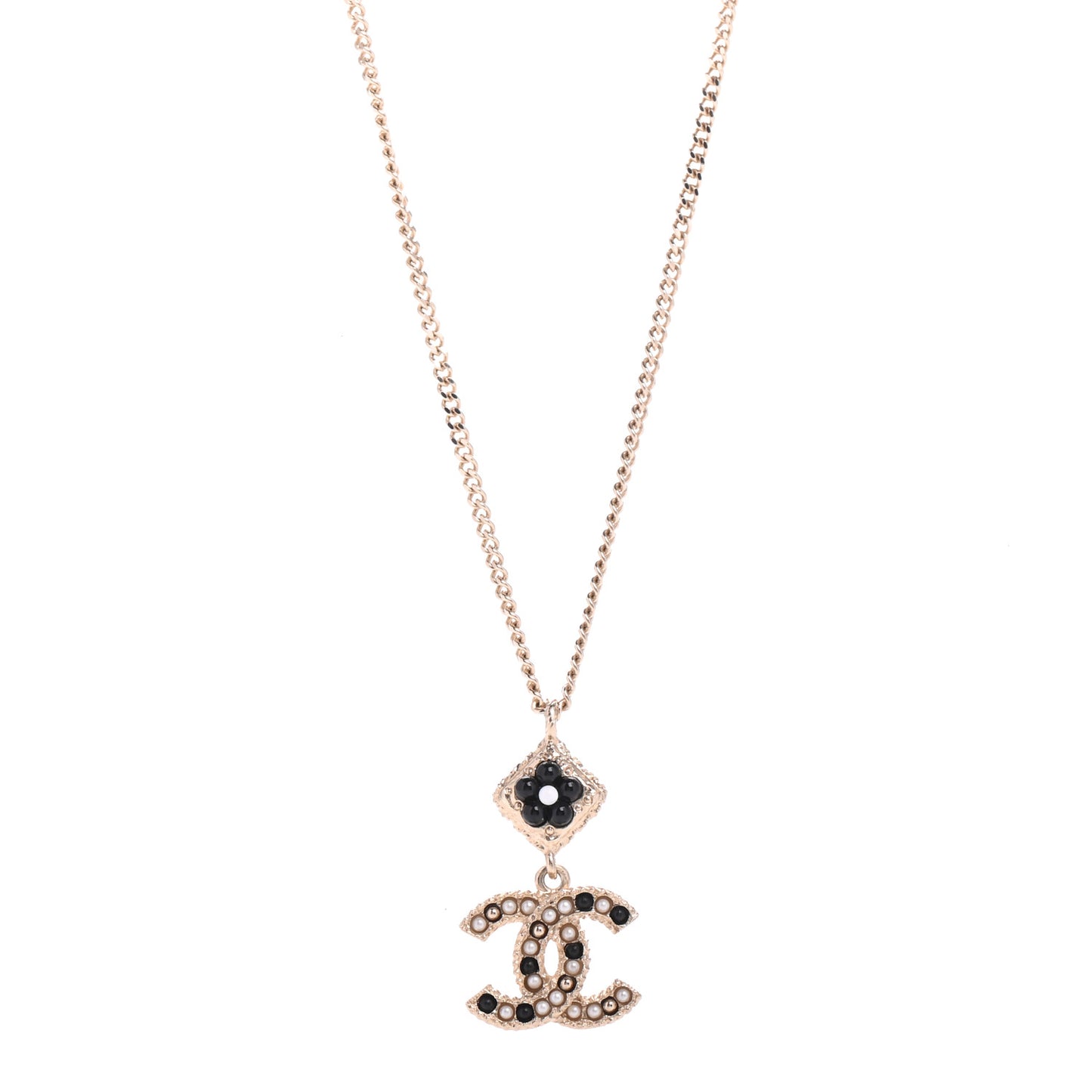 Chain CC Drop Necklace Gold Pearly White Black