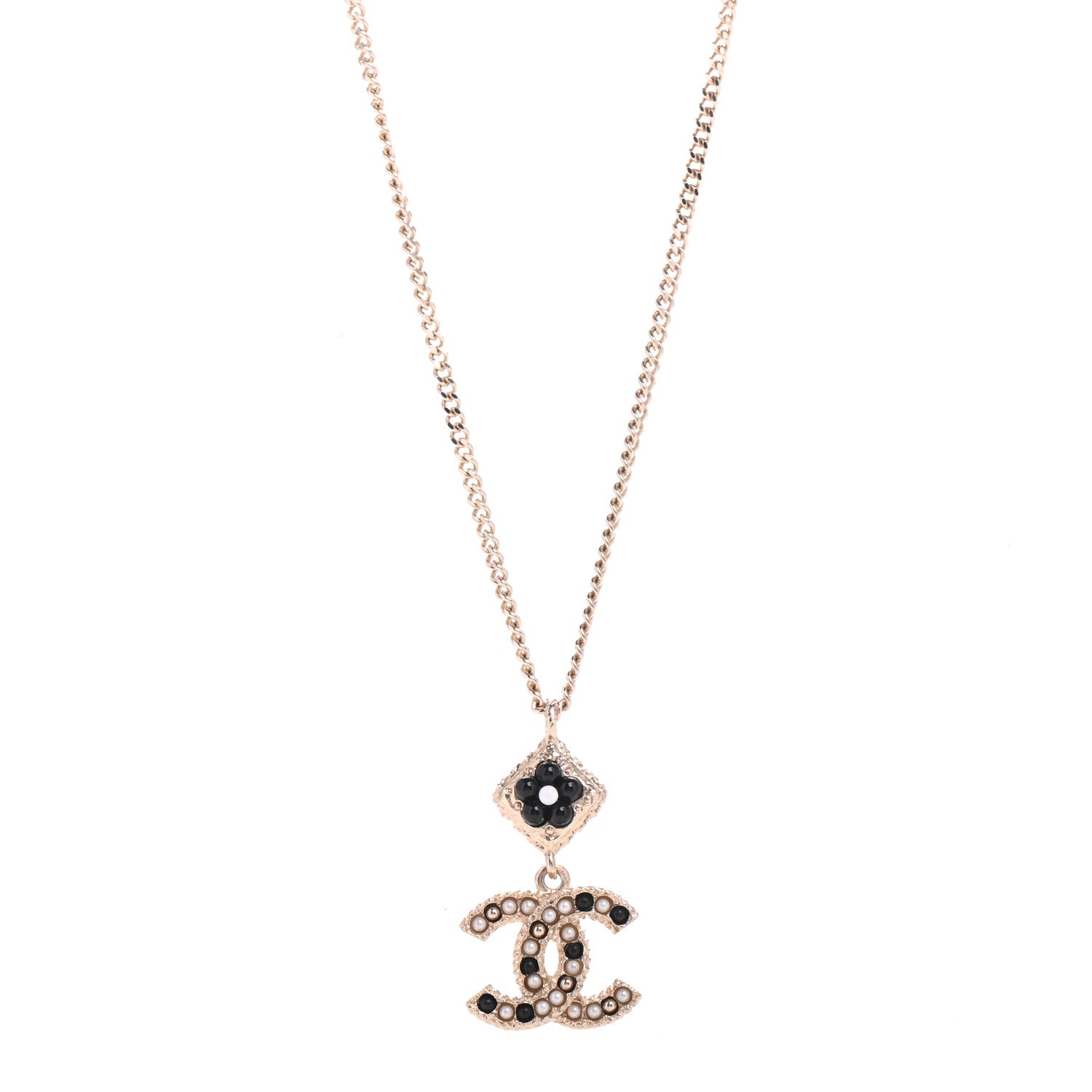 Chanel Chain CC Drop Necklace Gold Pearly White Black 1 of 5