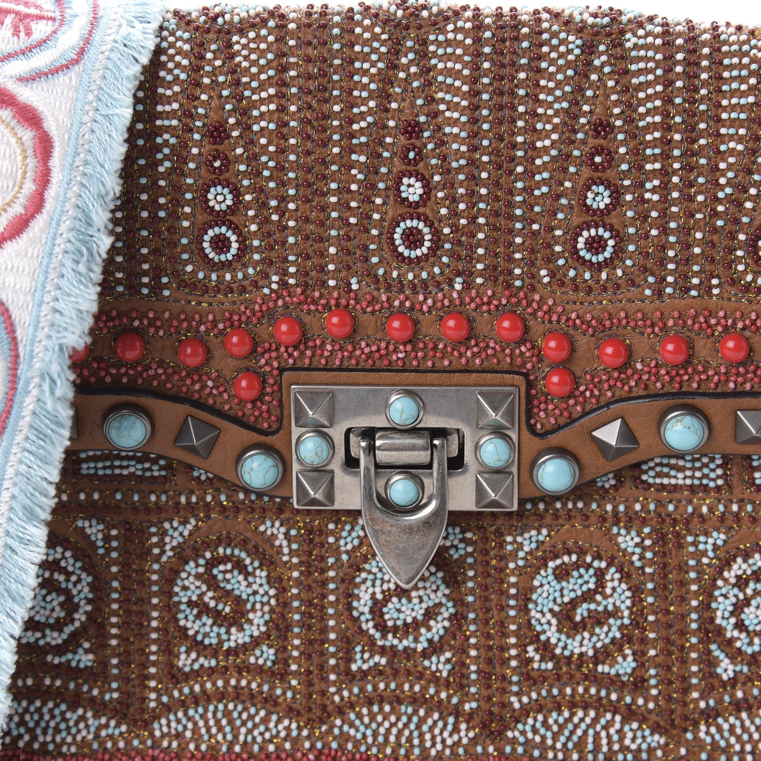 Valentino Garavani Calfskin Embroidered Medium Guitar Strap Rockstud Rolling Flap Saddle Bag Light Cuir 9 of 9