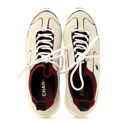 Chanel Suede Mixed Fibers Knit Womens CC Sneakers 38 Ivory Burgundy 2 of 9