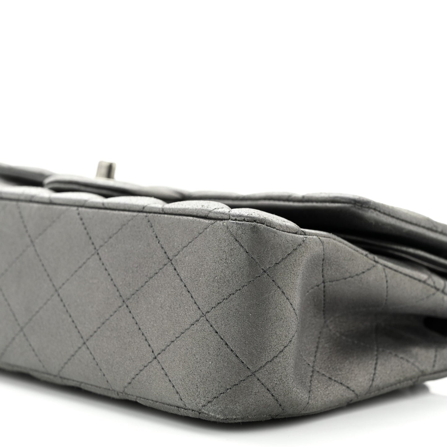 Metallic Lambskin Quilted Medium Double Flap Pewter