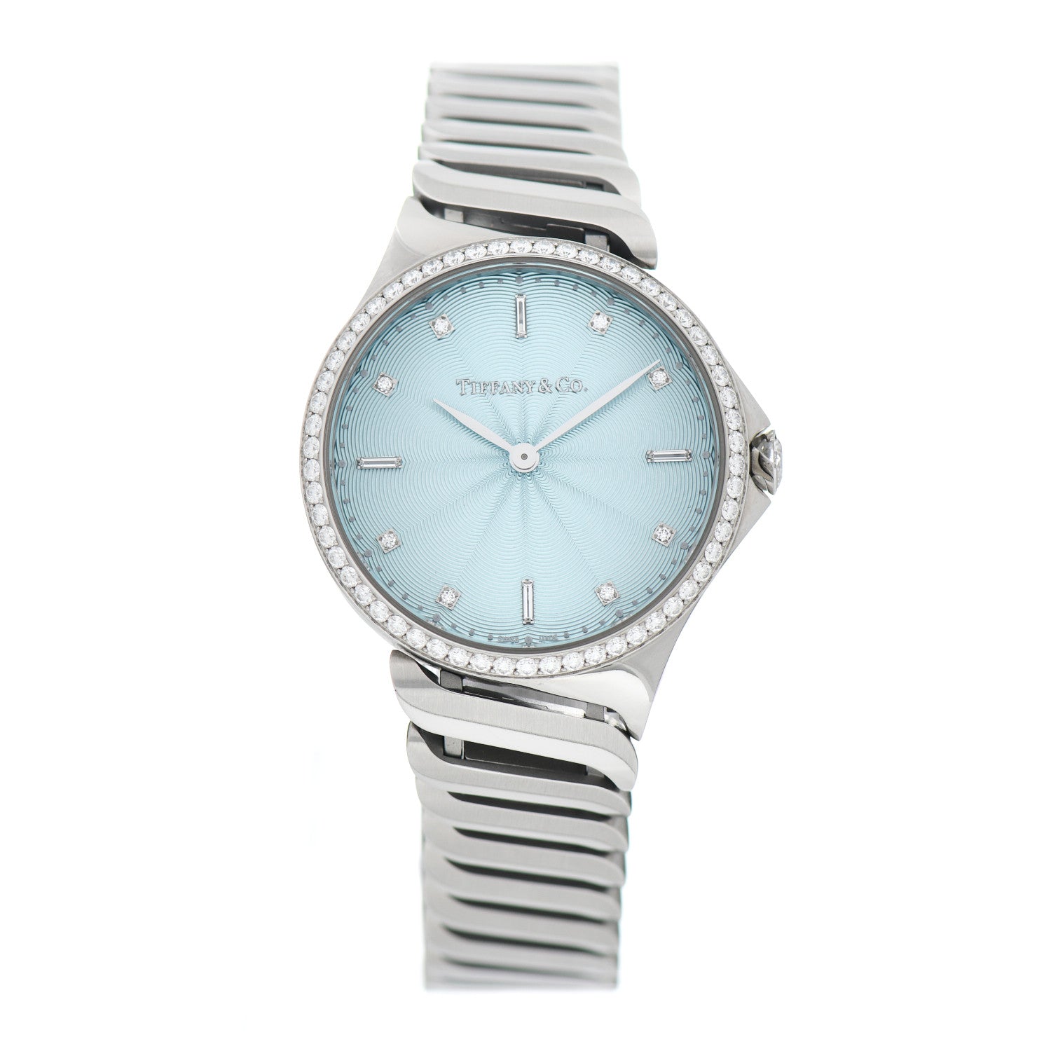 Tiffany Stainless Steel Diamond Bezel 28mm Metro 2-Hand Quartz Watch Ice Blue 1 of 4