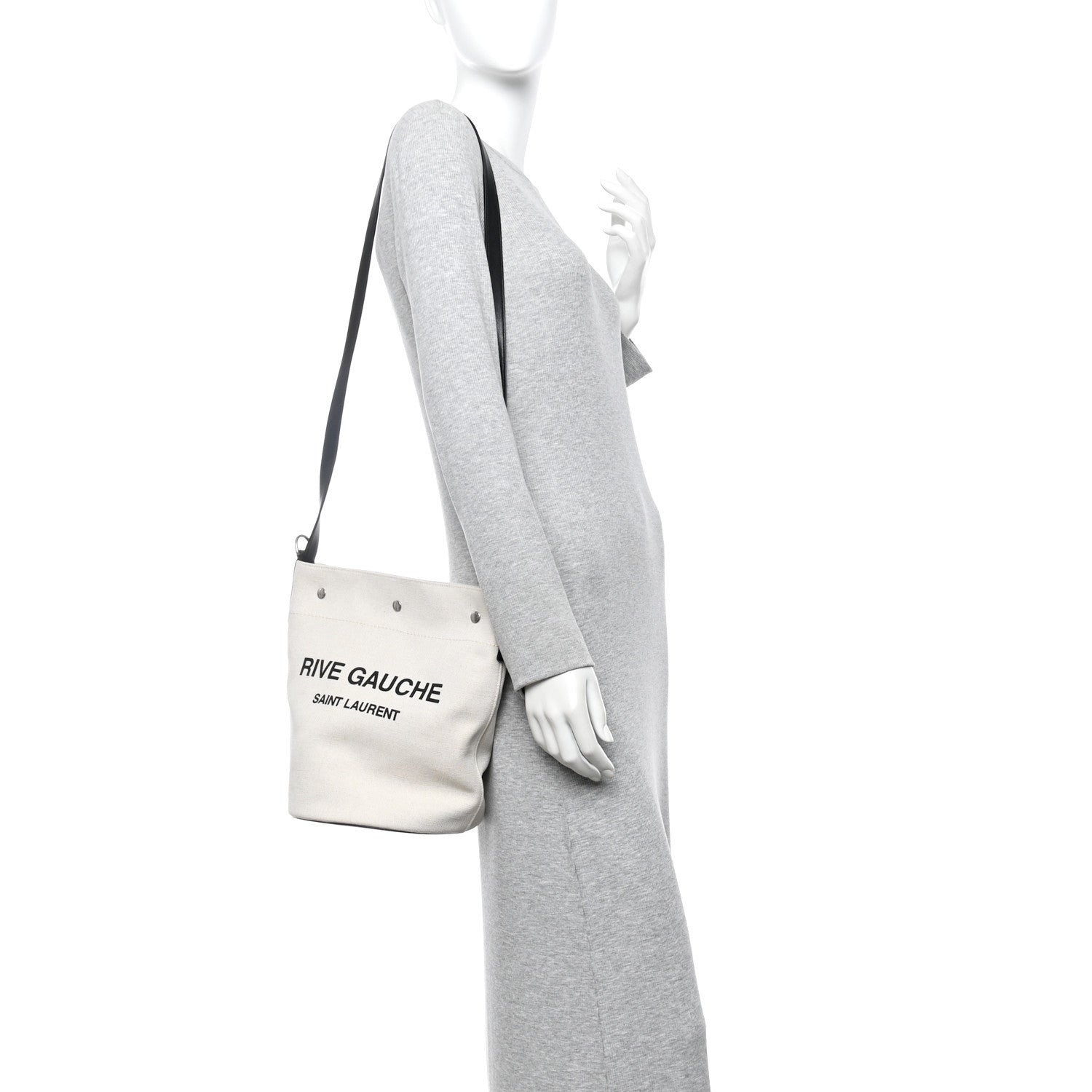Saint Laurent Linen Calfskin Rive Gauche Bucket Bag Greggio Natural 2 of 10
