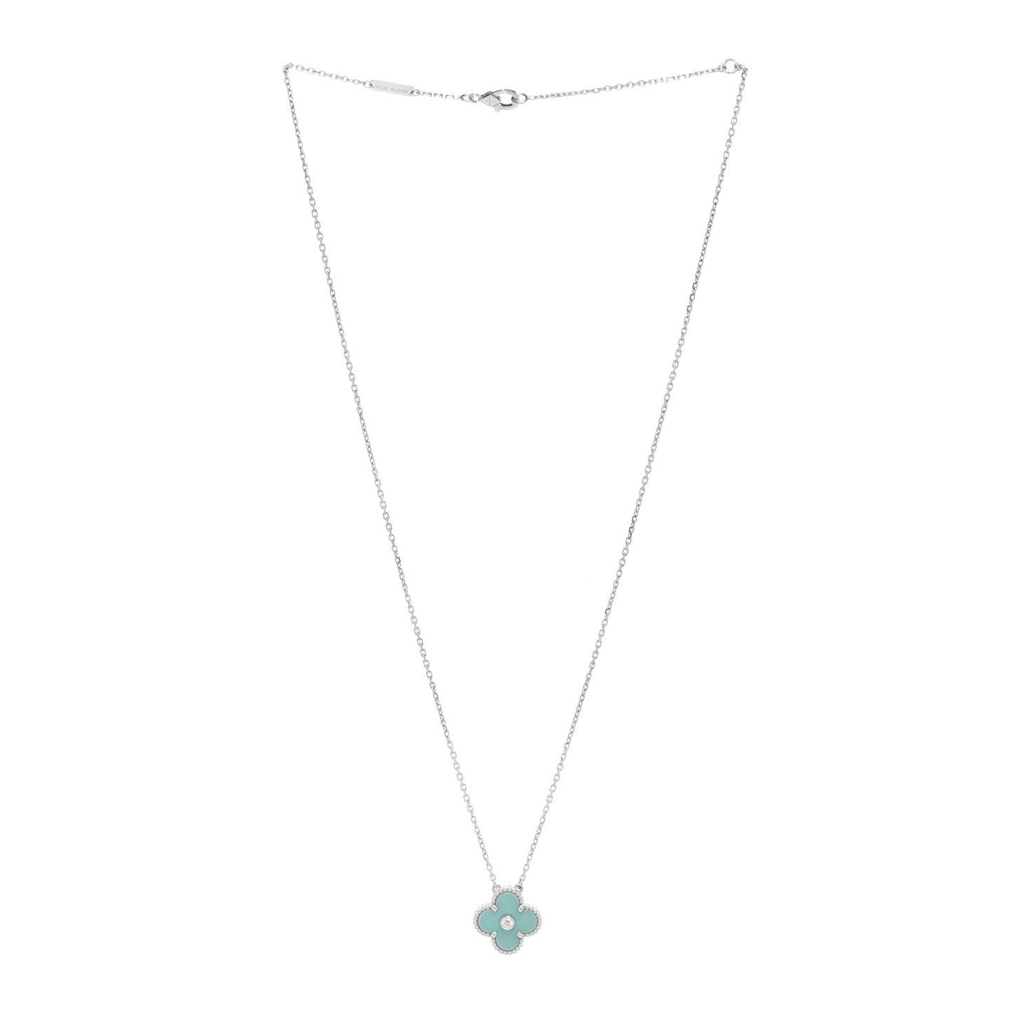 18K White Gold Diamond Celadon Green Sevres Porcelain Vintage Alhambra Pendant Necklace