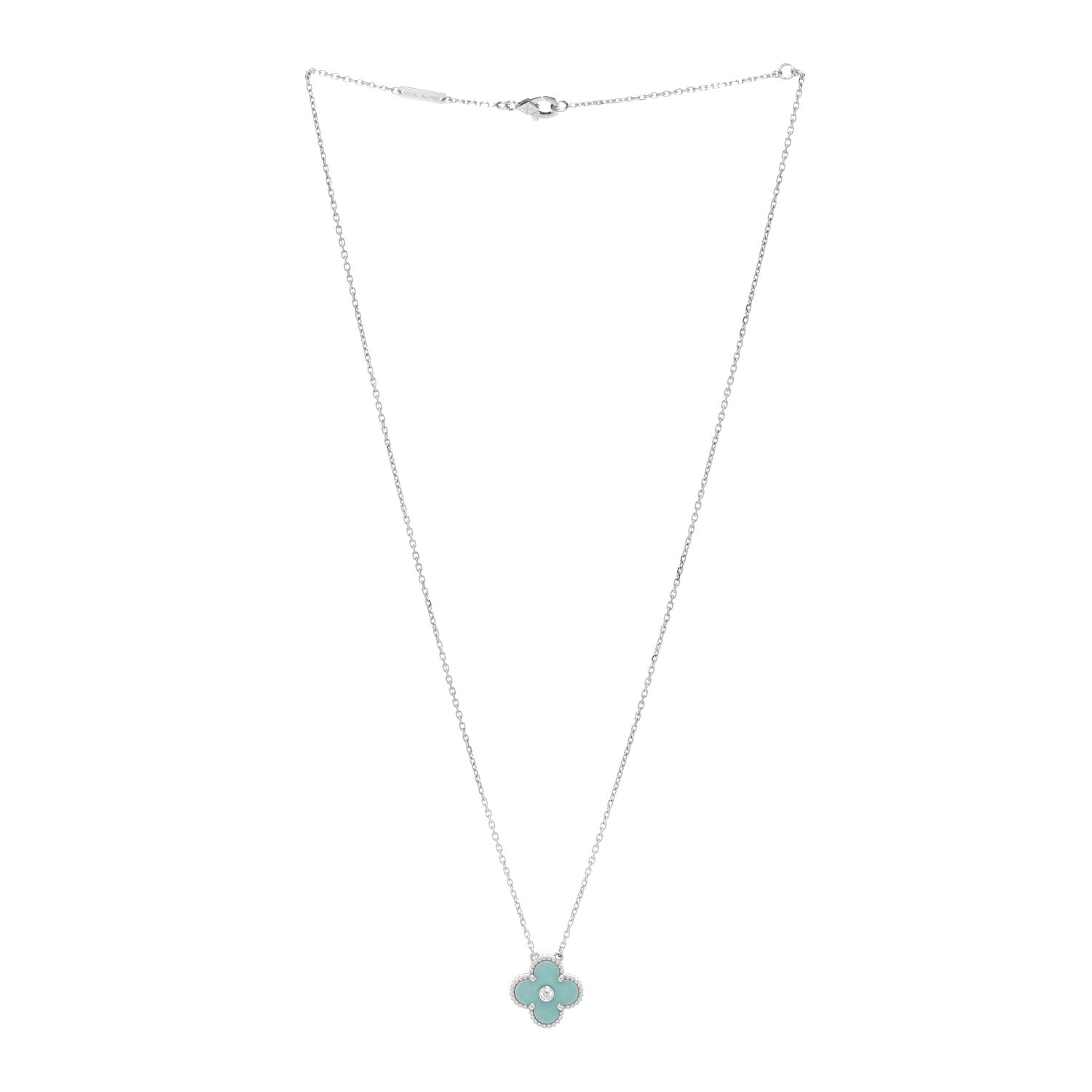 Van Cleef & Arpels 18K White Gold Diamond Celadon Green Sevres Porcelain Vintage Alhambra Pendant Necklace 2 of 3
