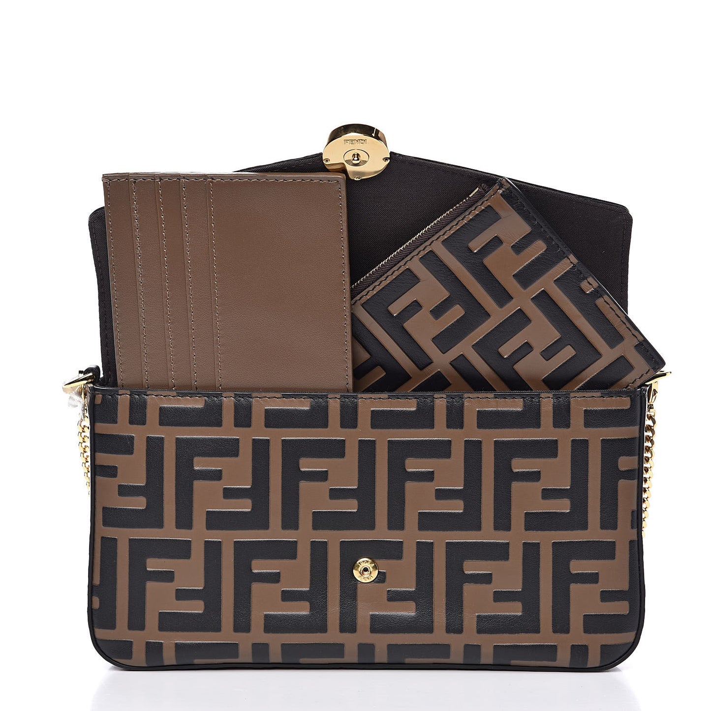 Vitello Soft F is Fendi Bi-Color FF 1974 Embossed Envelope Wallet On Chain with Pouches Maya Black