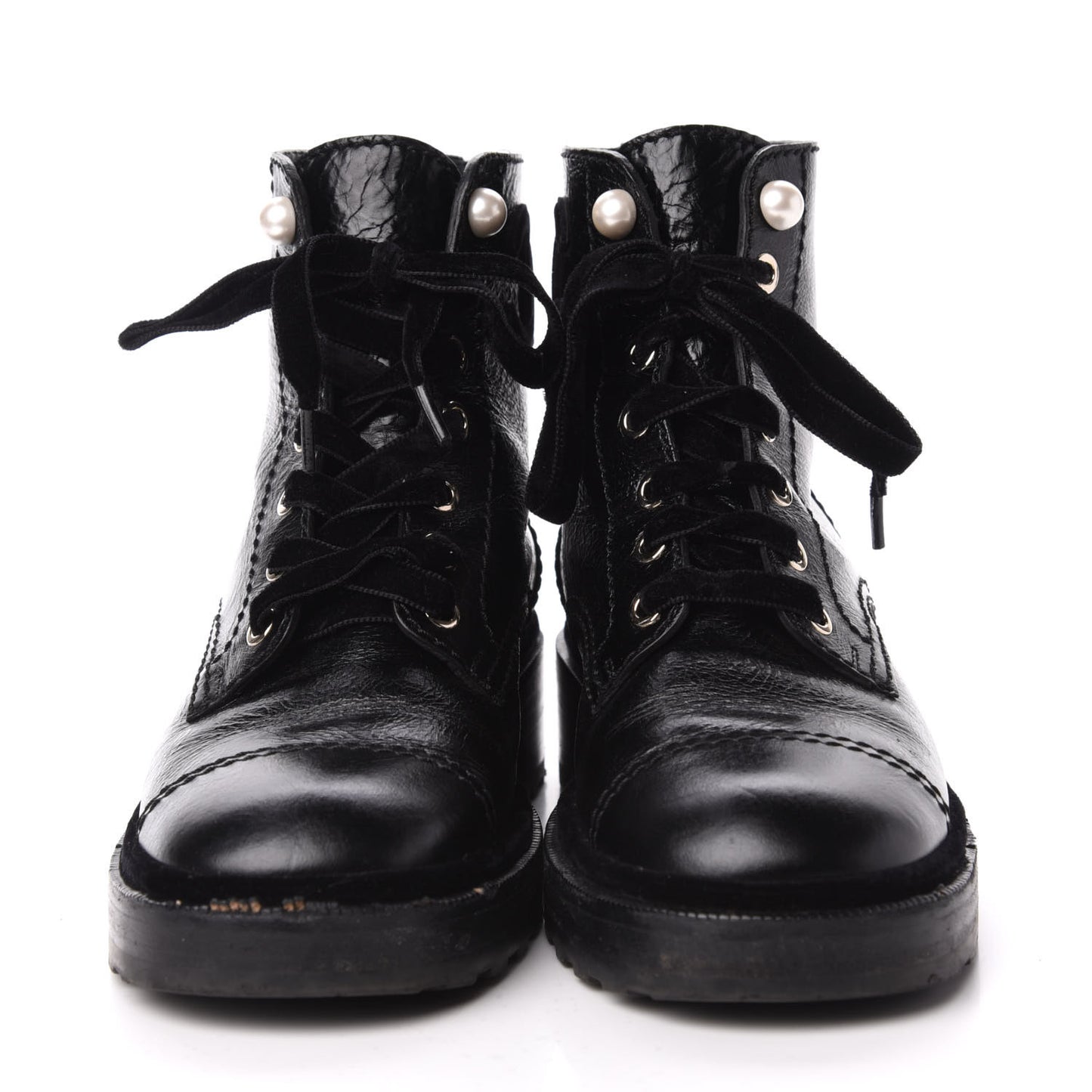 Calfskin Velvet Pearl Combat Short Boots 37 Black