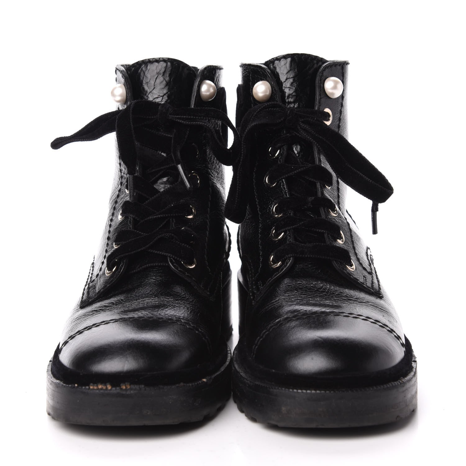 Chanel Calfskin Velvet Pearl Combat Short Boots 37 Black 2 of 7