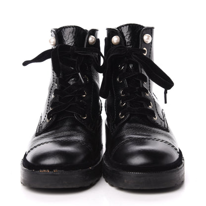 Chanel Calfskin Velvet Pearl Combat Short Boots 37 Black 2 of 7