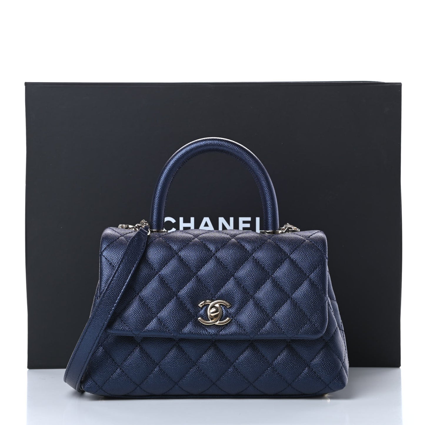 Metallic Caviar Quilted Mini Coco Handle Flap Dark Blue
