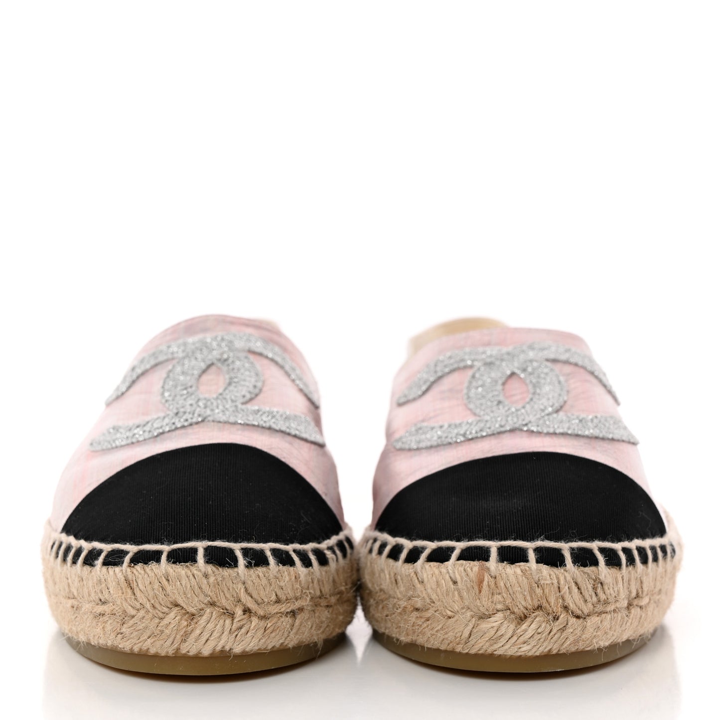Laminated Lambskin Grosgrain Embroidered CC Espadrilles 40 Pink Silver Black