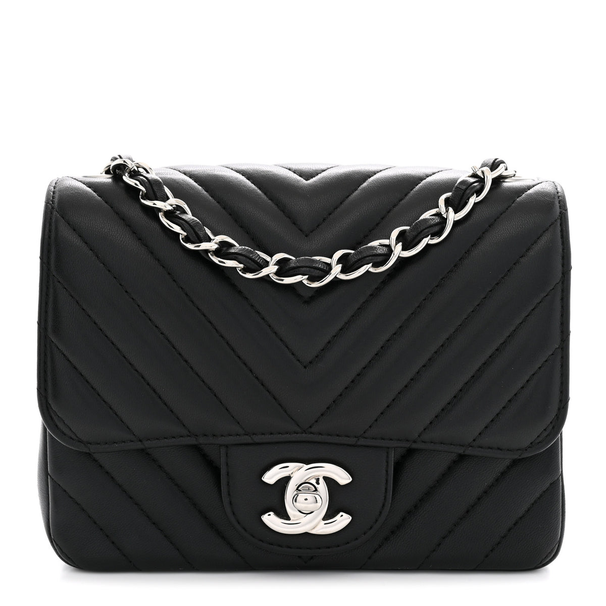 Lambskin Chevron Quilted Mini Square Flap Black