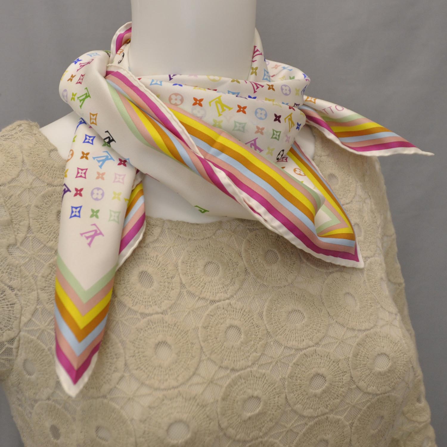 Louis Vuitton Silk Monogram Multicolor Square Scarf White 34078