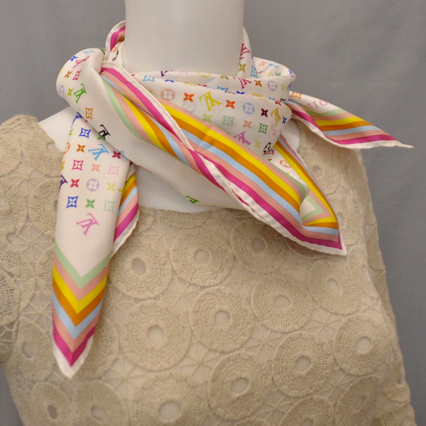 Silk Monogram Multicolor Square Scarf White