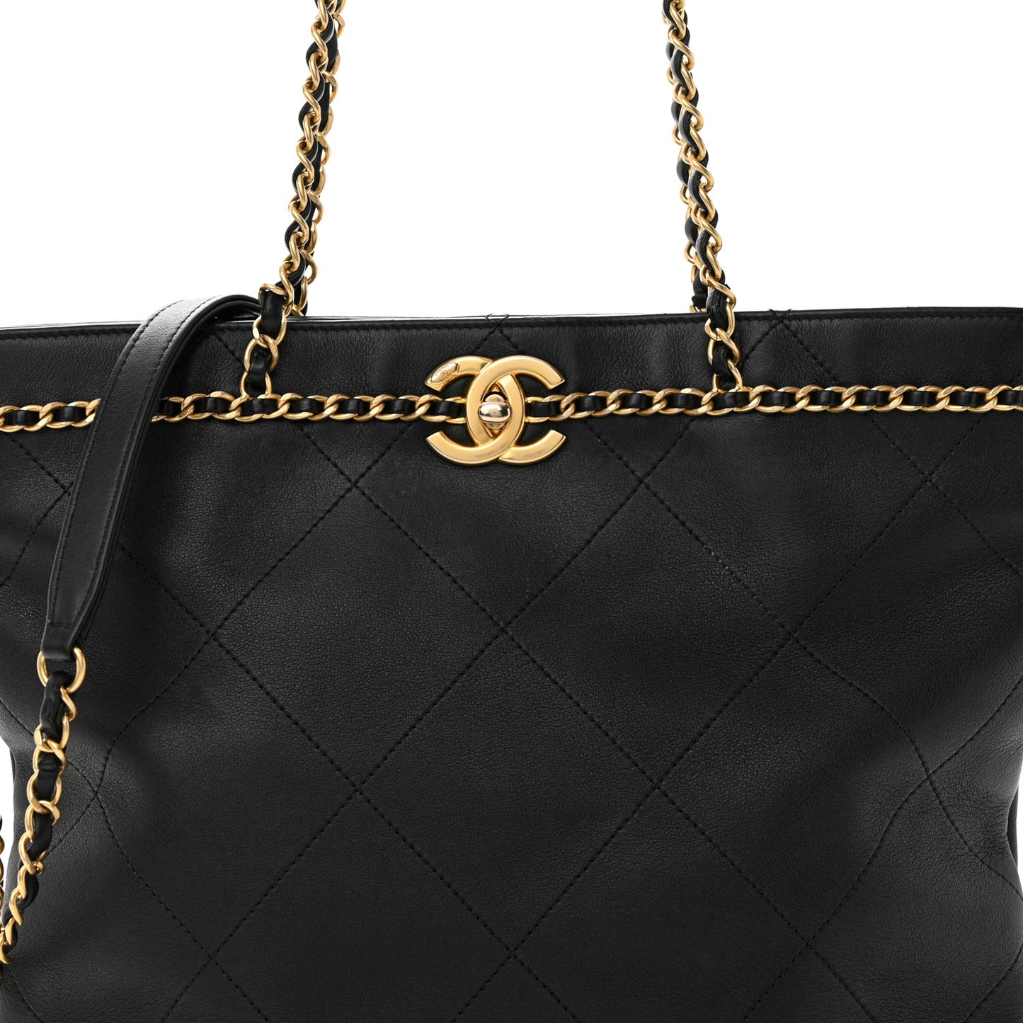 Calfskin Stitched Small Shopping Tote Black