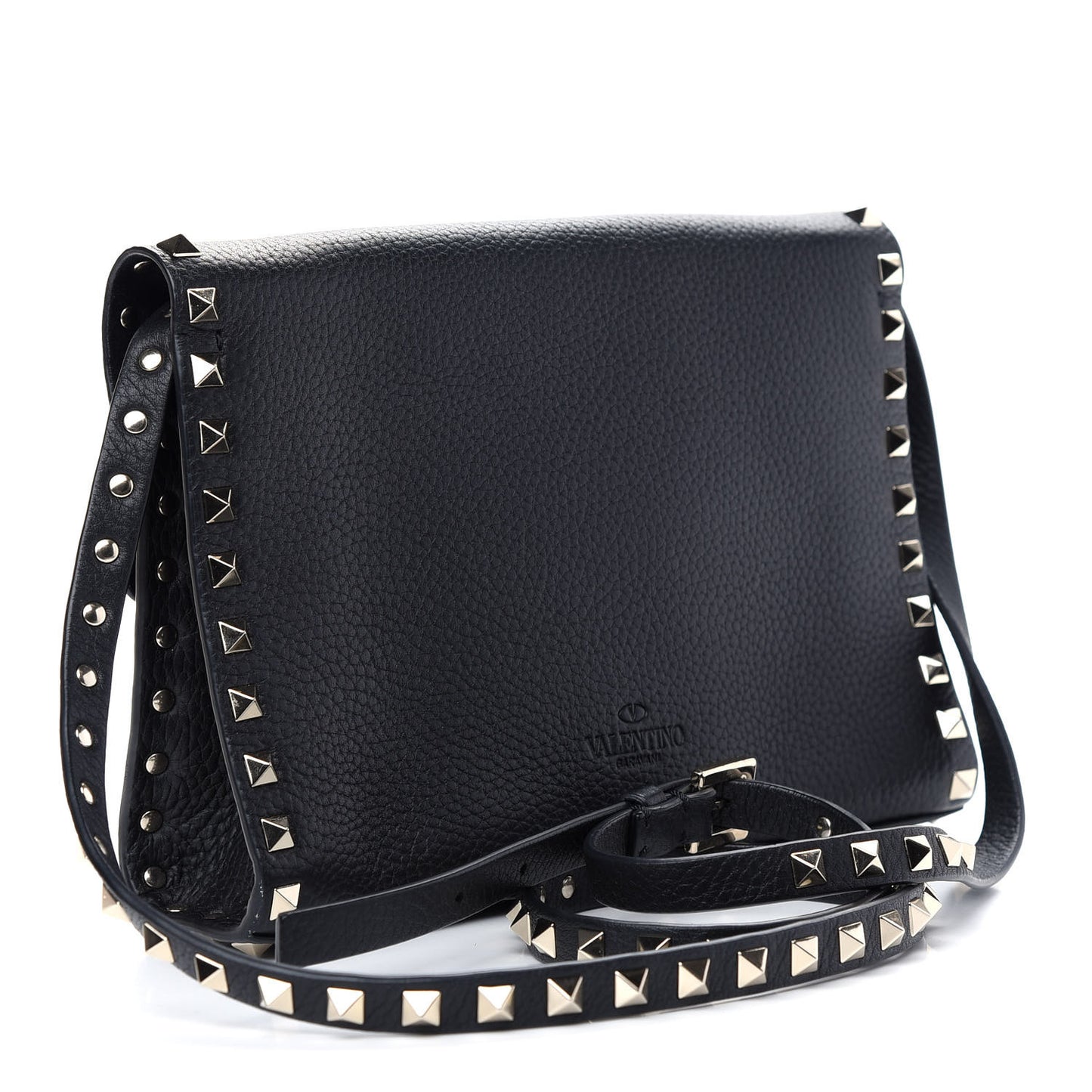 Pebbled Calfskin Medium Rockstud Flip Lock Crossbody Bag Black