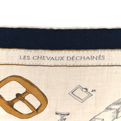Hermes Cashmere Silk Chevaux Dechaines Shawl 140 Marine Naturel Gris 4 of 7
