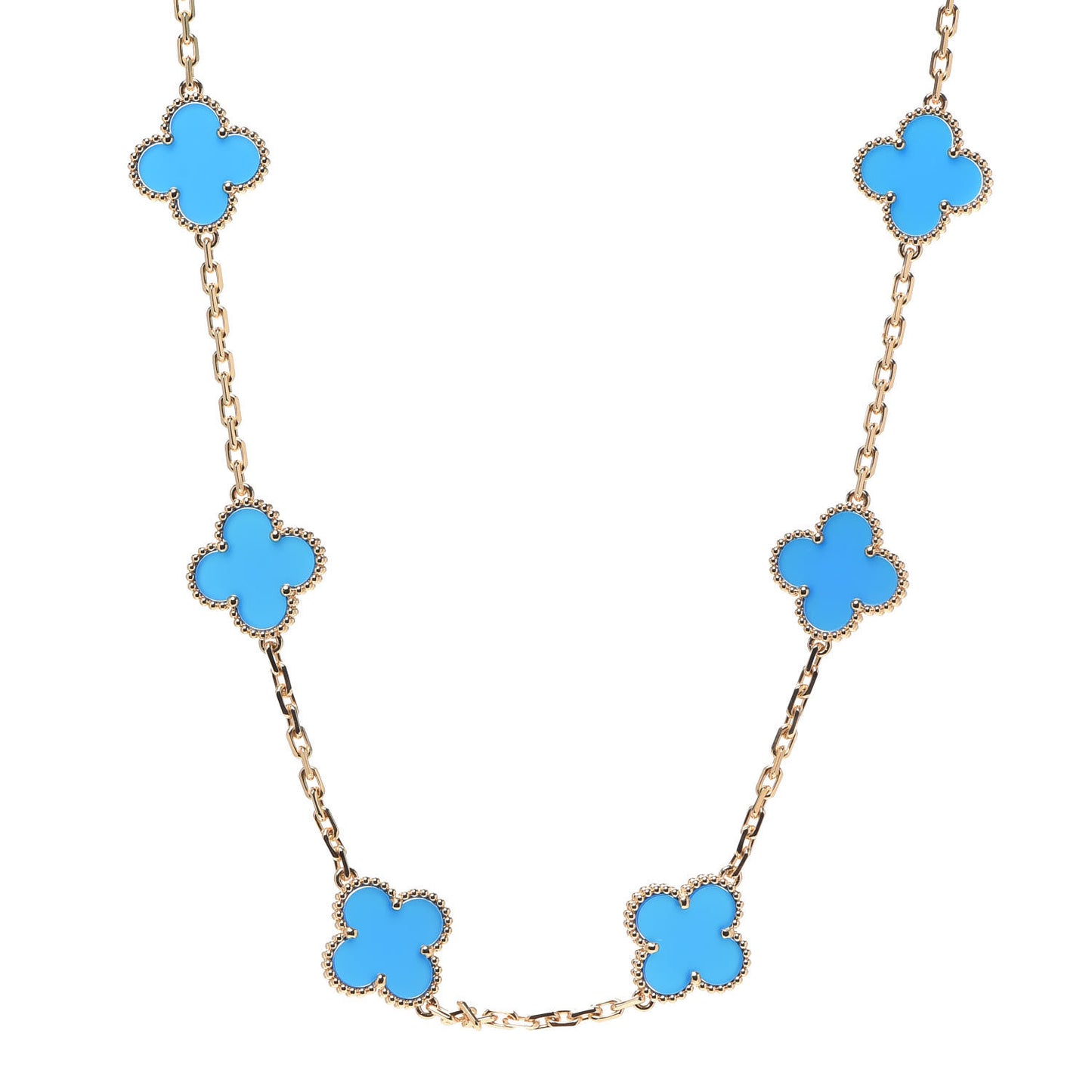18K Yellow Gold Blue Agate 10 Motifs Vintage Alhambra Necklace