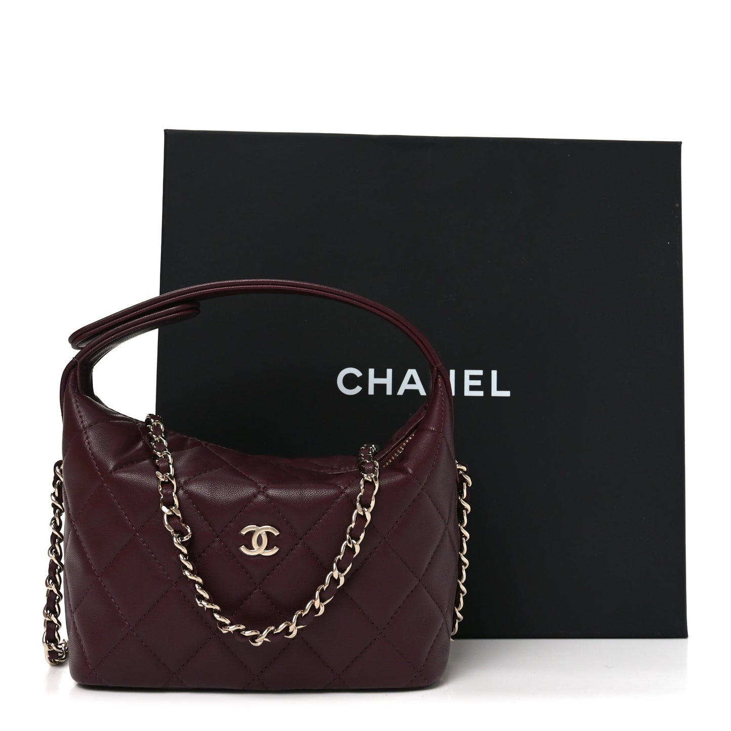 Lambskin Quilted Hobo Clutch With Chain Burgundy