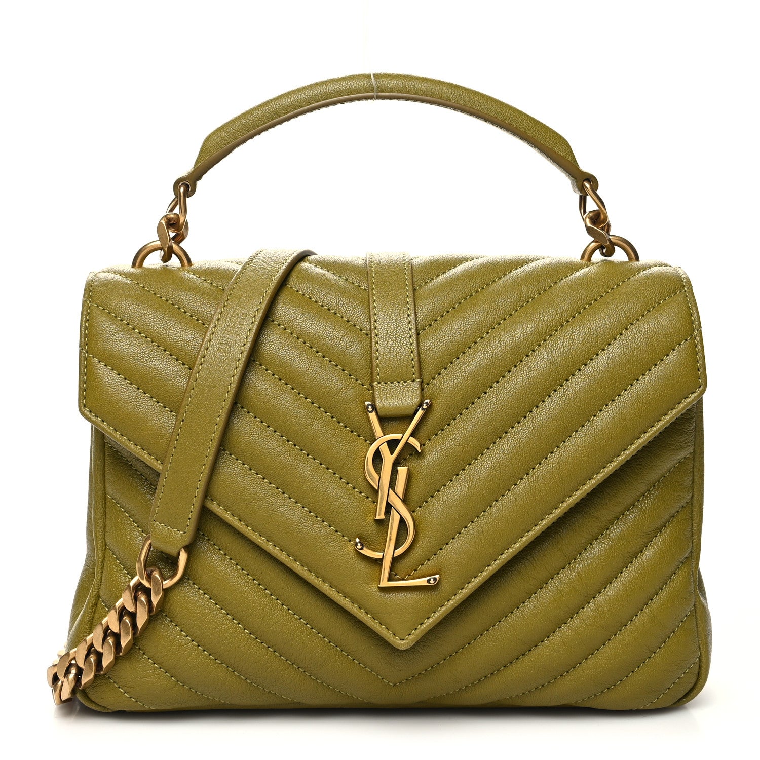 Saint Laurent Sheepskin Matelasse Chevron Monogram Medium College Bag Olive 1 of 10