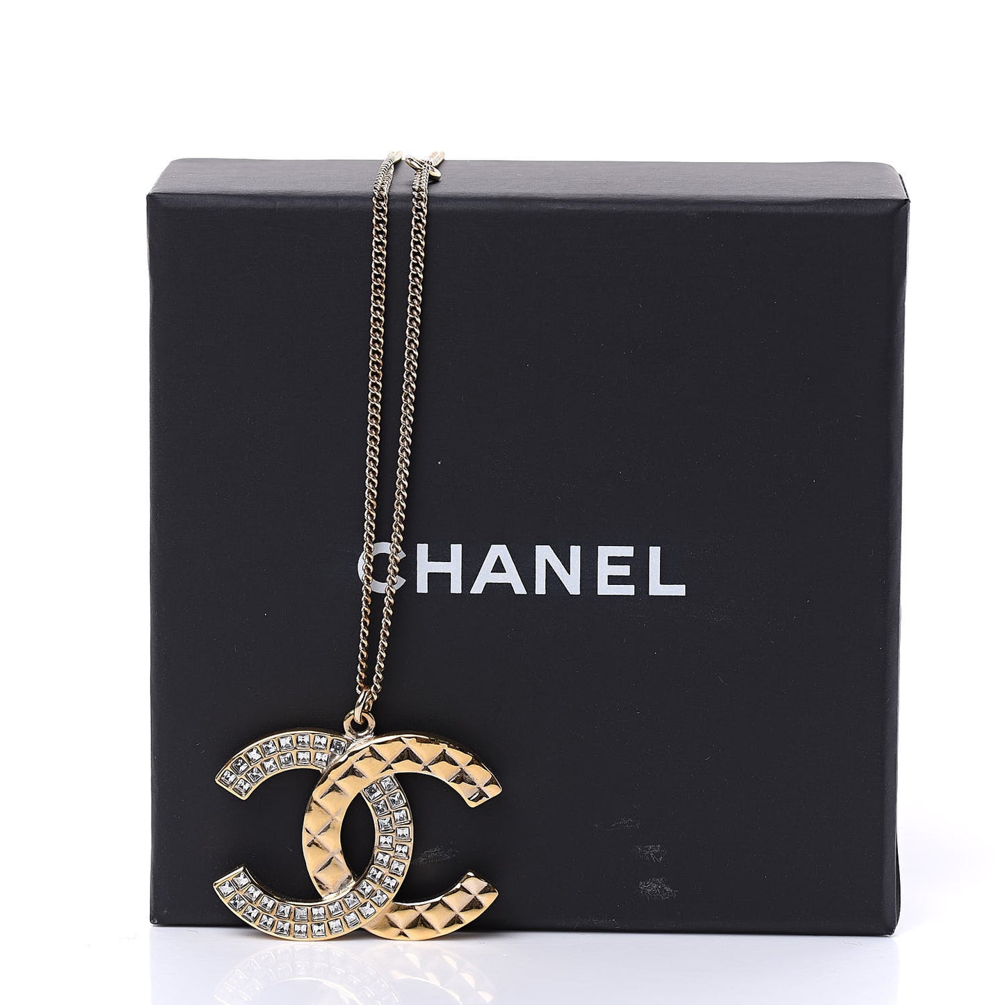 Baguette Crystal Quilted CC Pendant Necklace Gold