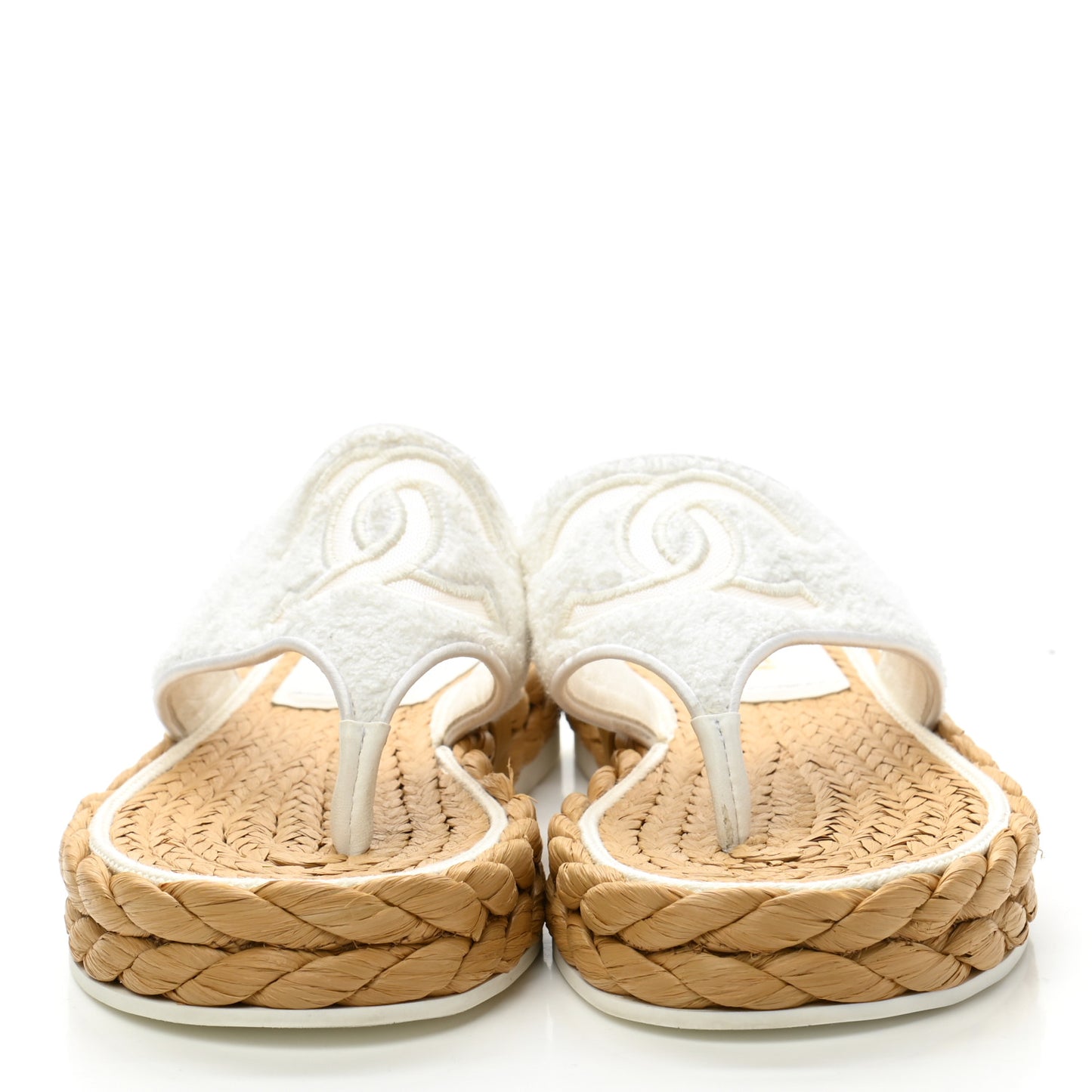 Terry Cloth Raffia CC Logo Thong Sandals 37 White