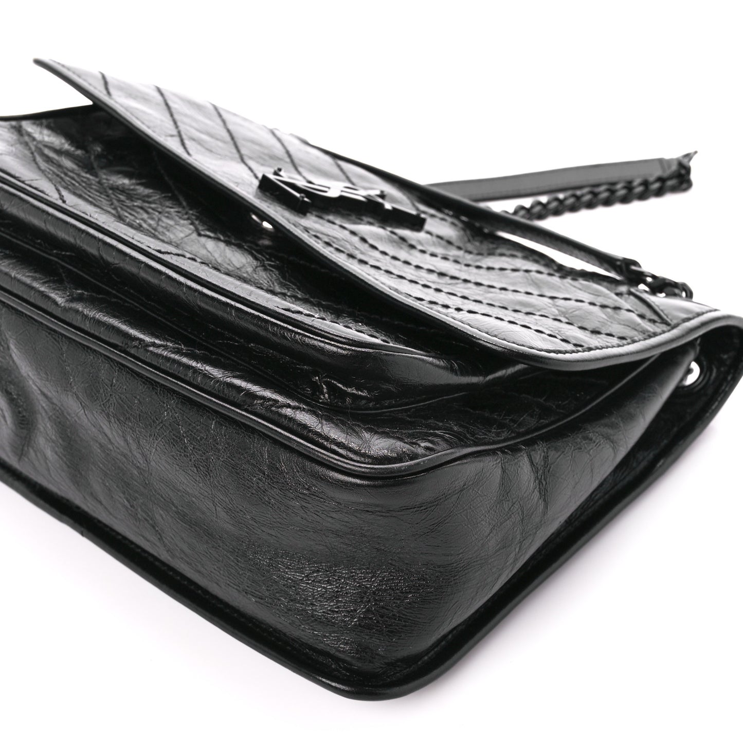 Crinkled Calfskin Matelasse Monogram Medium Niki Chain Satchel Black