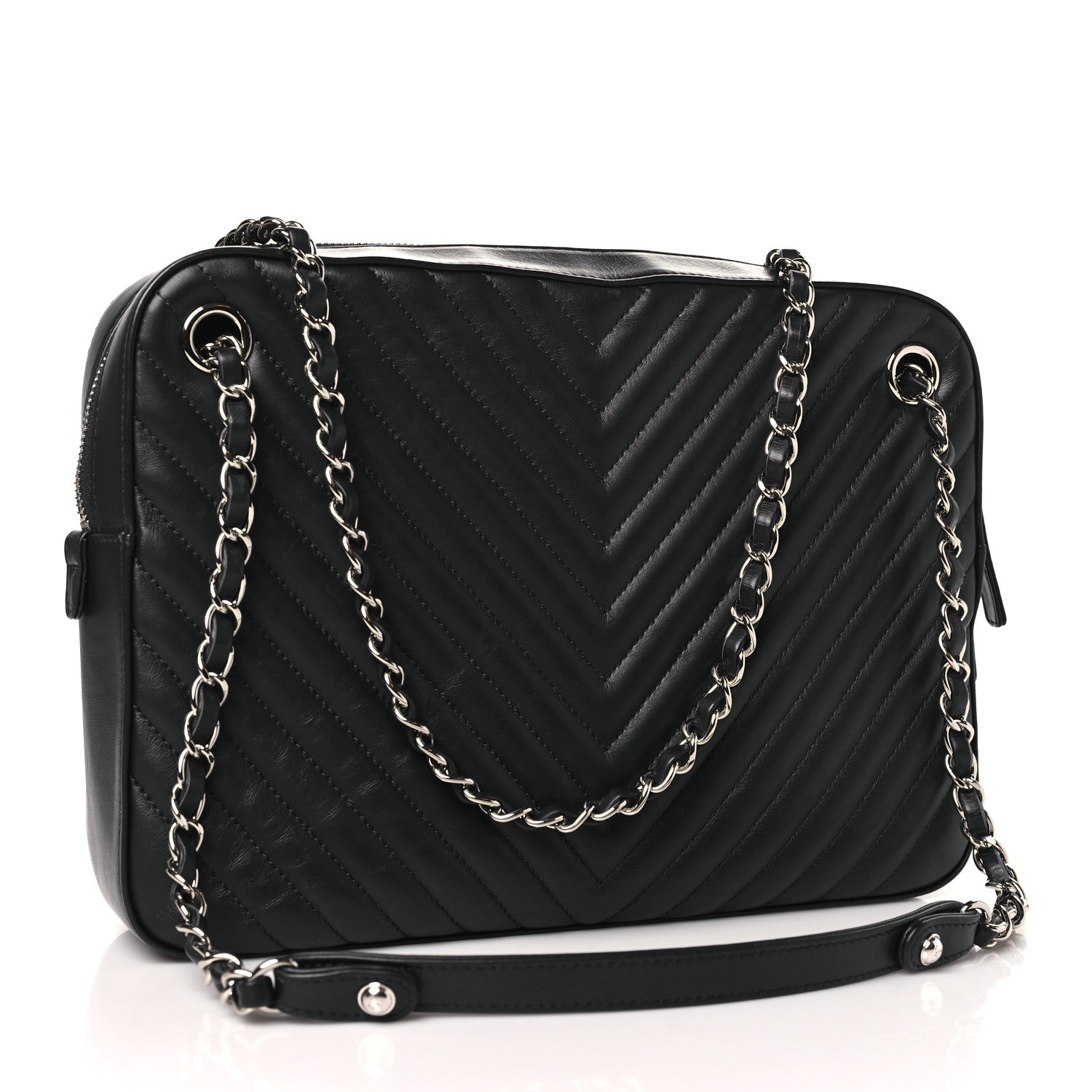 Chanel Calfskin Chevron Quilted Double Camera Bag With Flap Black Black 3 of 10