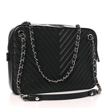 Chanel Calfskin Chevron Quilted Double Camera Bag With Flap Black Black 3 of 10