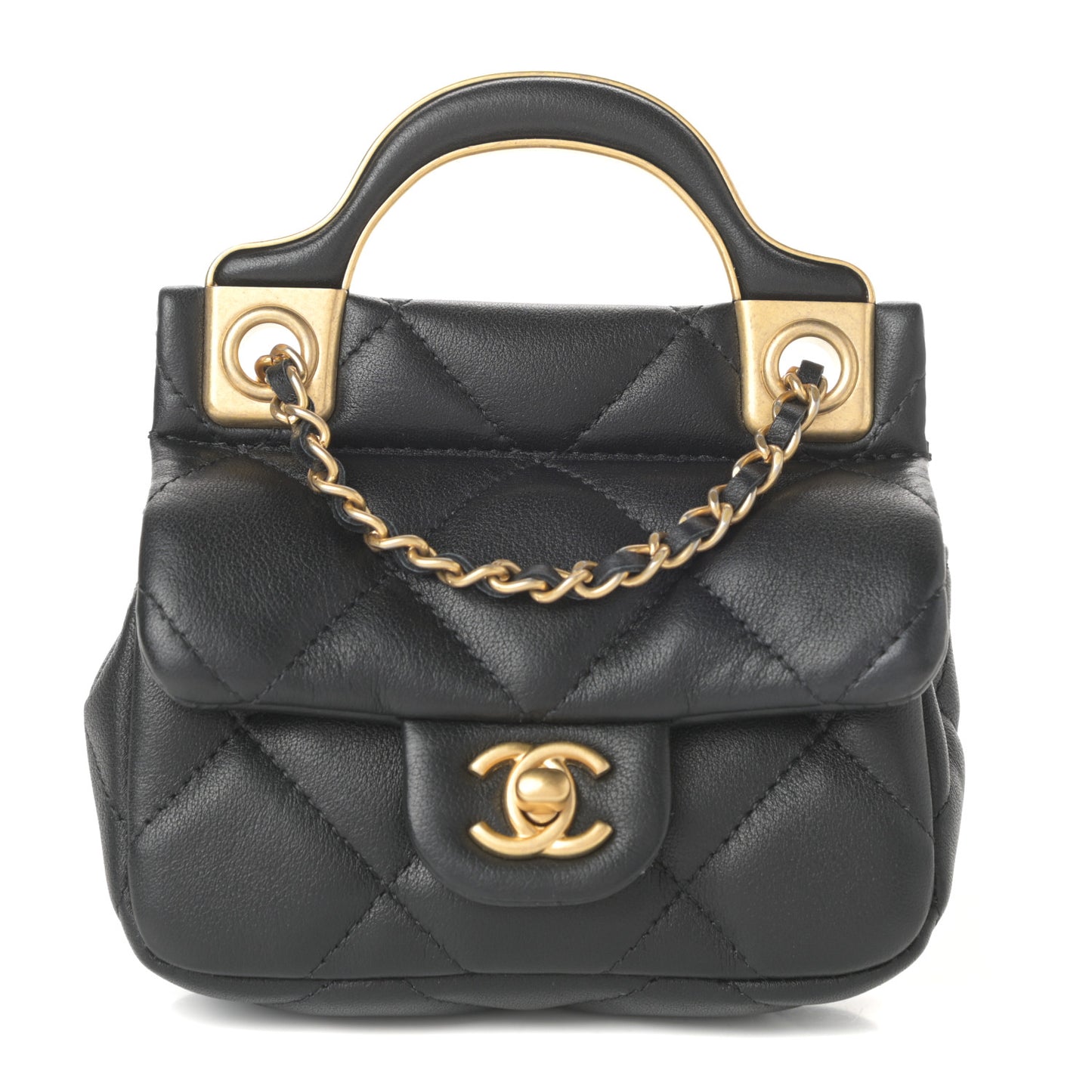 Calfskin Quilted Lady Handle Flap Card Holder With Chain Black