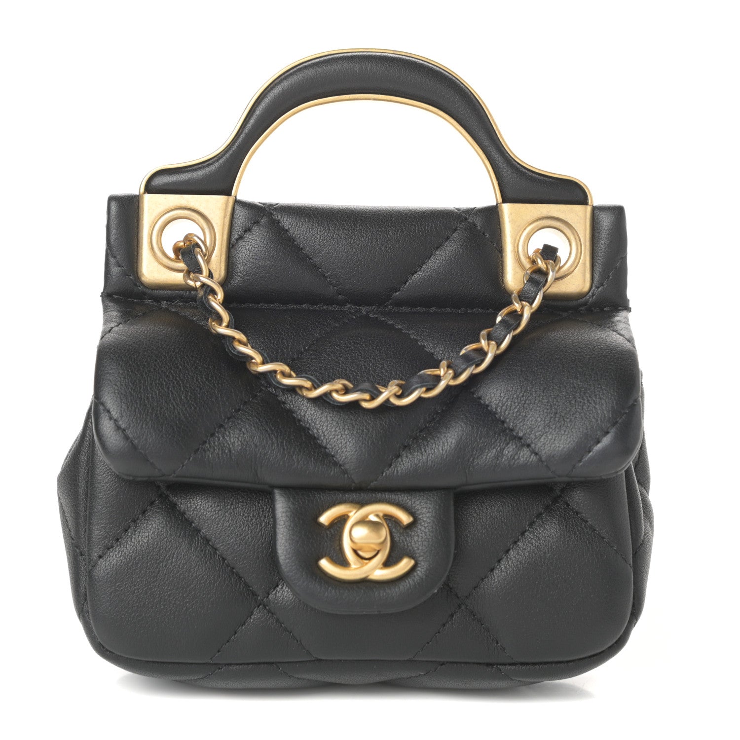 Chanel Calfskin Quilted Lady Handle Flap Card Holder With Chain Black 1 of 11