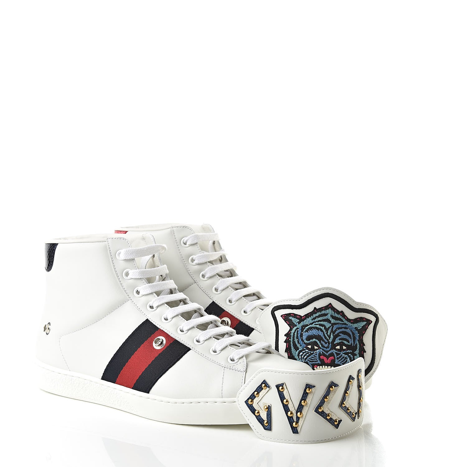 Gucci Calfskin Ayers Embroidered Web Mens Ace Removable Patches High Top Sneakers 7.5 White 10 of 13