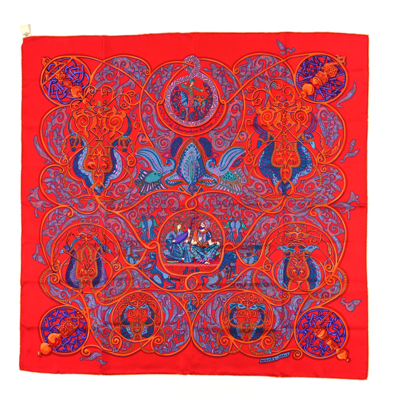 Hermes Silk La Charmante Aux Animaux Scarf 90 Rouge Vif Orange Petrole 1 of 3