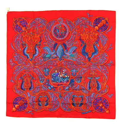 Hermes Silk La Charmante Aux Animaux Scarf 90 Rouge Vif Orange Petrole 1 of 3